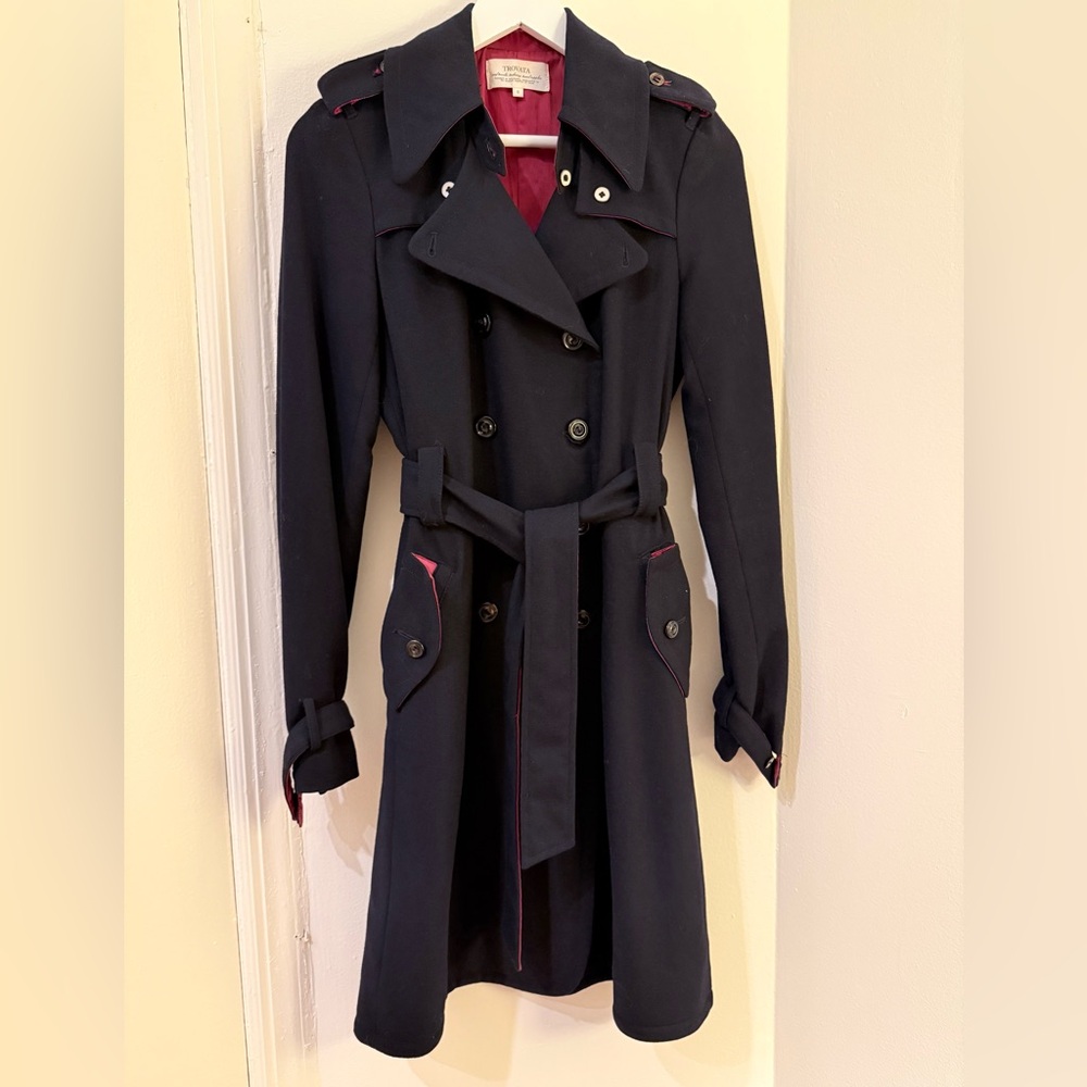 Trovata Dark Navy Blue Trench Coat with Red Accents